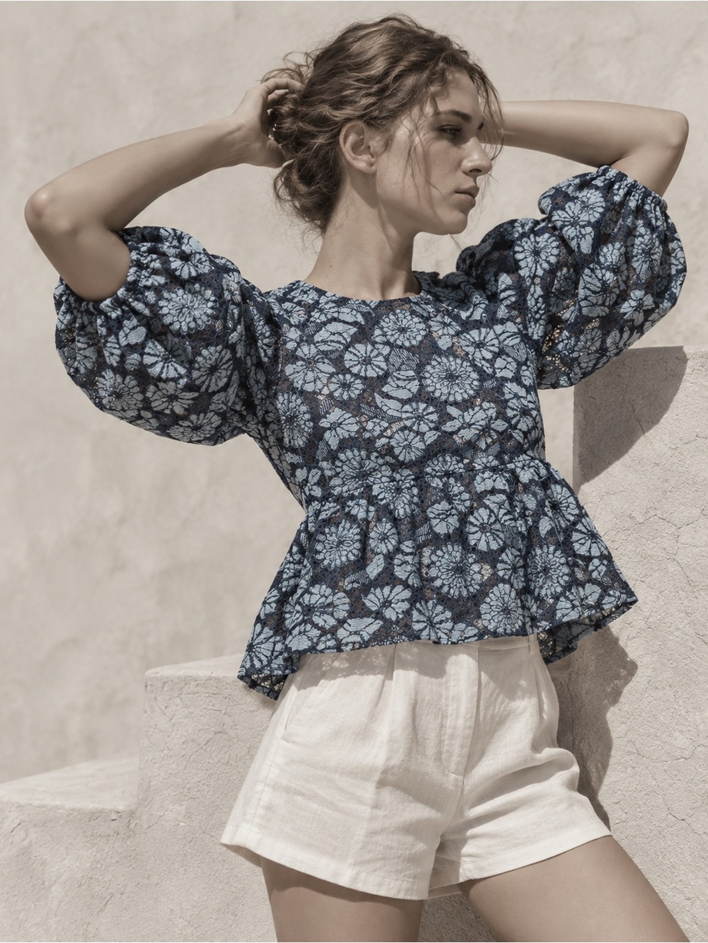 NWOT Dolan Anthropologie Blue Floral Lace Peplum Puff Sleeve Blouse